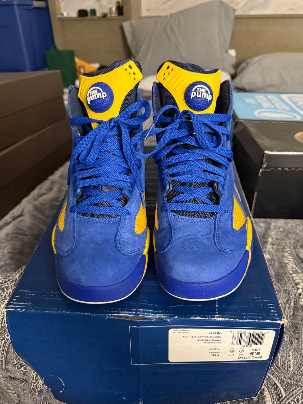 Reebok Shaq Attack The Pump High-Top Sneakers in Blue & Yellow